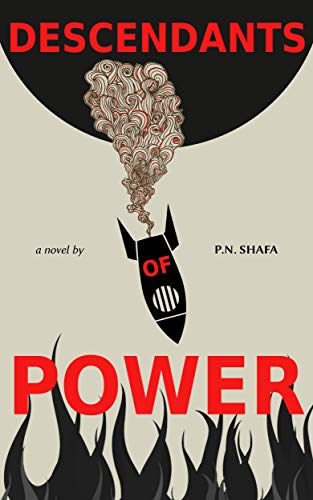 Cover of the novel Descendants of Power, showing a rocket ship crash landing into flames. Nice red, black, and white design.